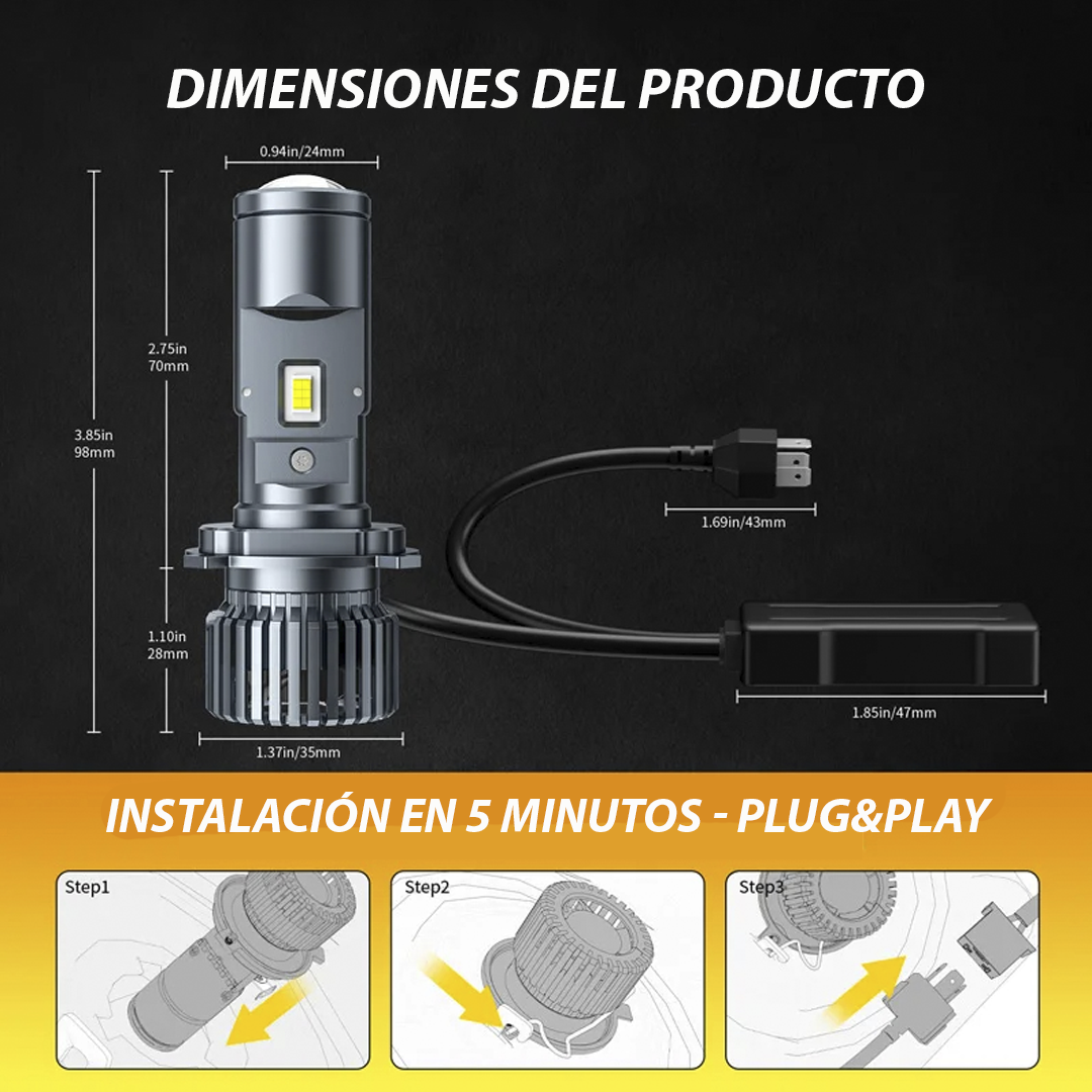 Luces led H4 con lupa 60.000 Lúmenes 100W Canbus