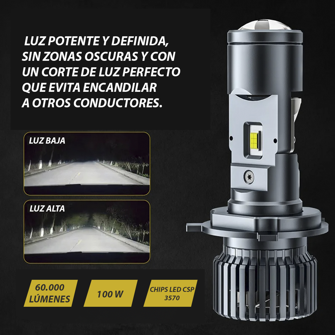Luces led H4 con lupa 60.000 Lúmenes 100W Canbus