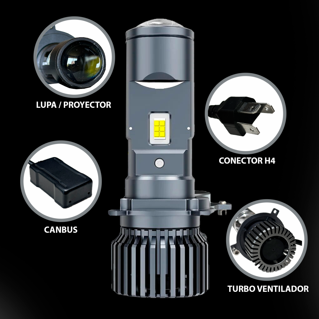 Luces led H4 con lupa 60.000 Lúmenes 100W Canbus